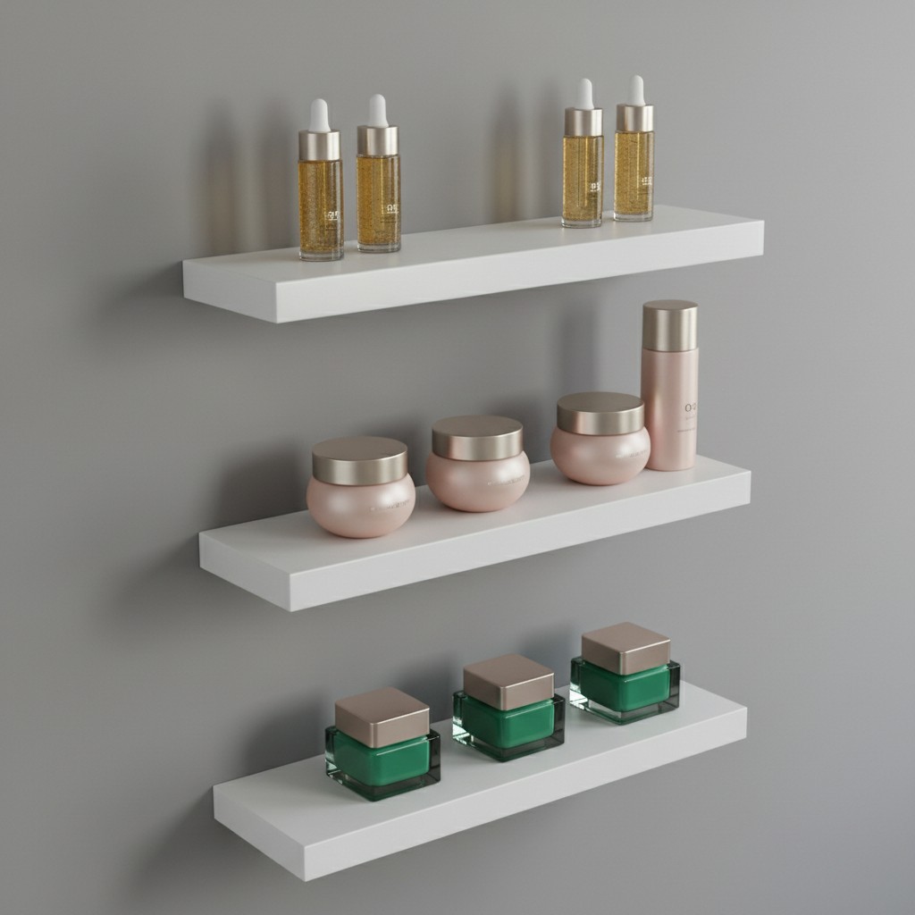 Three white floating shelves displaying anti-aging cosmetics. Note: Anti-aging products are for cosmetic purposes only, an...