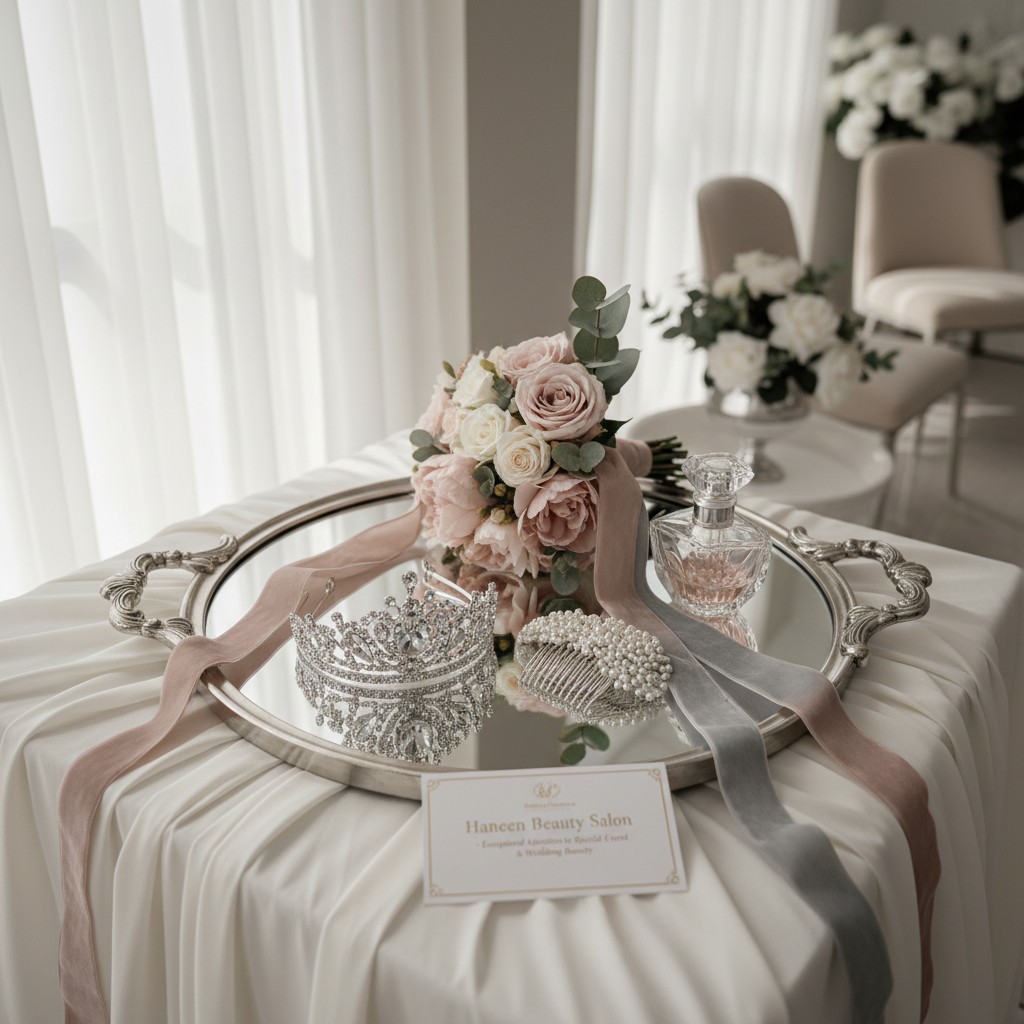 Haneen Beauty Salon: Elegant and Luscious Wedding Beauty Salon, featuring a stunning bouquet, and a tiara. Skillfully desi...